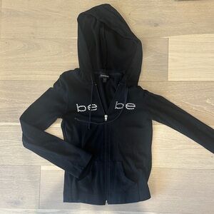 bebe Black Rhinestone Script Logo Zip Hoodie